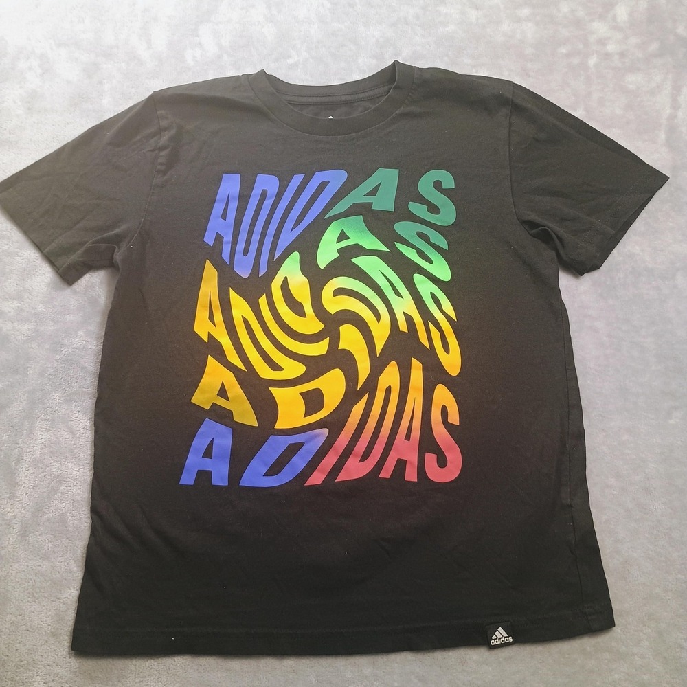 Adidas Shirt Kids 8 Black Rainbow Swirl Logo Graphic Short Sleeve Tee Top